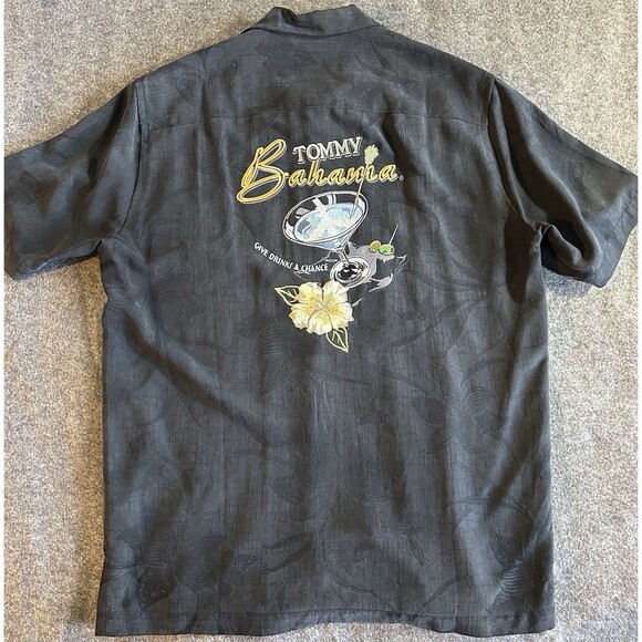 Tommy Bahama Silk Shirt Men's Sz M Black Holliday Embroiled “Give Drinks Chance” - Picture 4 of 11